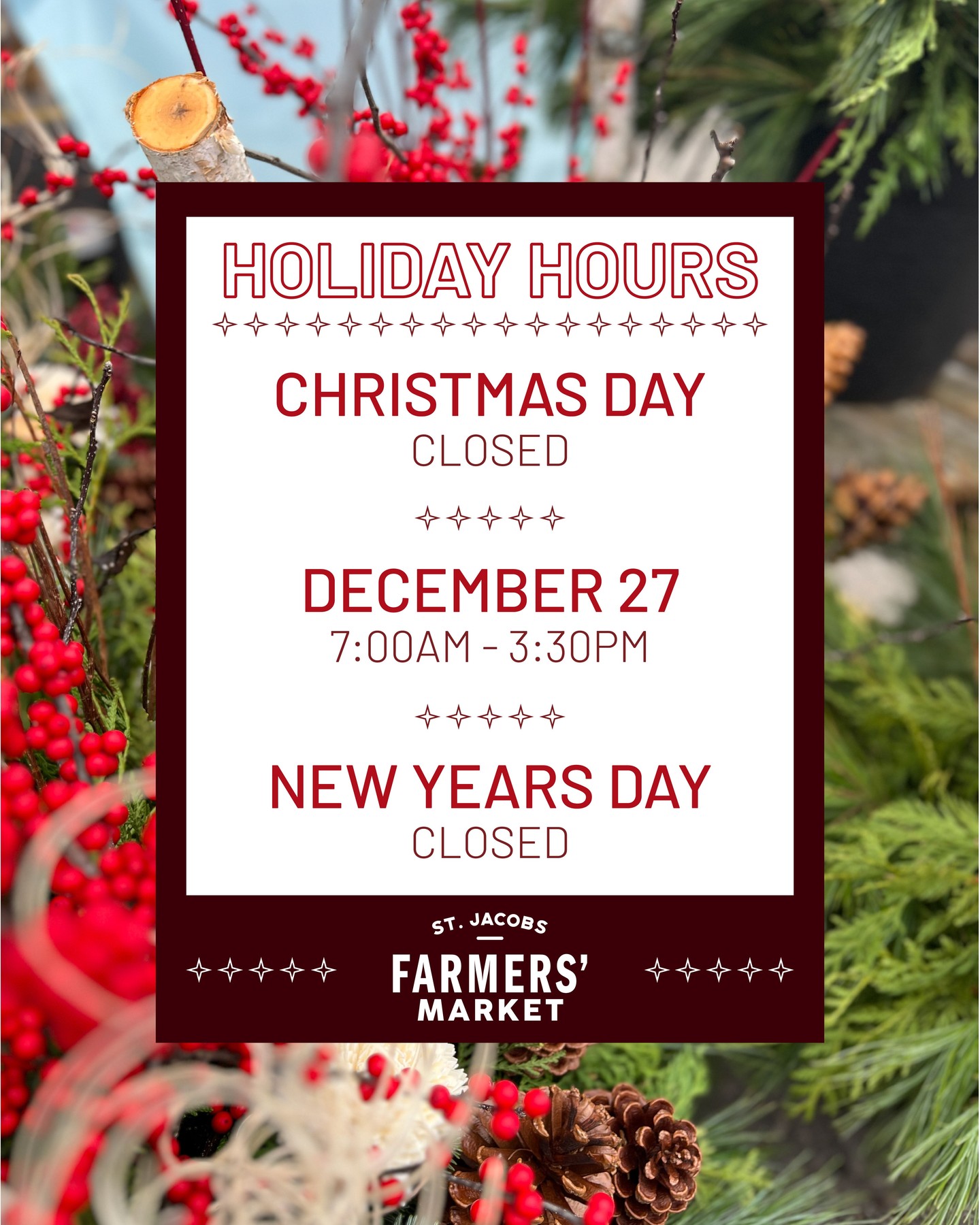 ⭐ Holiday hours are here! ⭐ 

Swing by for all your festive market runs, just note we’re CLOSED Christmas Day and New Year’s Day. 

Plan your visits, grab your goodies, and soak up every sparkly moment the market has to offer — nothing worse than showing up to closed doors with a coffee in hand. See you under the twinkle lights!