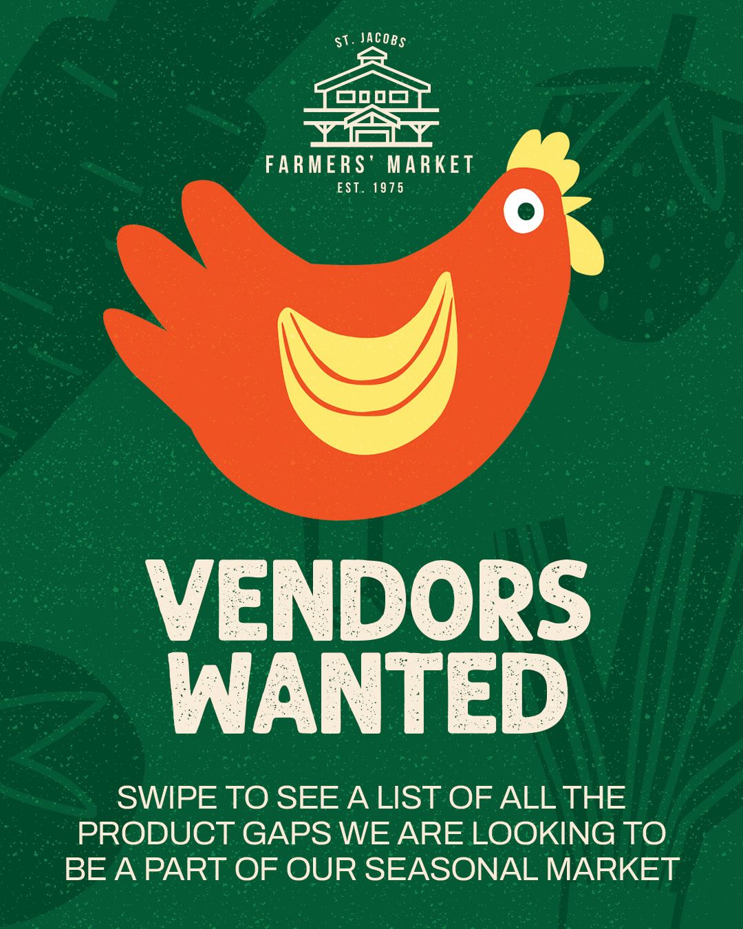 The 2026 season is calling!☀️🌽

Applications are open year-round, and our outdoor Spring/Summer season runs from March 26th – October 24th, 2026!  Swipe through to see the mix of vendors we’re hoping to add to our spring/summer season —from fresh flavours to handmade finds and everything in between. 

If you (or someone you know) fits one of these categories, now’s the time to apply and launch your brand at the St. Jacobs Farmers’ Market. Join the fun and become part of a community of like-minded entrepreneurs! 

Comment APPLY for details 

#shoplocalontario #localfreshoriginal #kwawesome #kitchenerwaterloo #discoveron #exploreontario