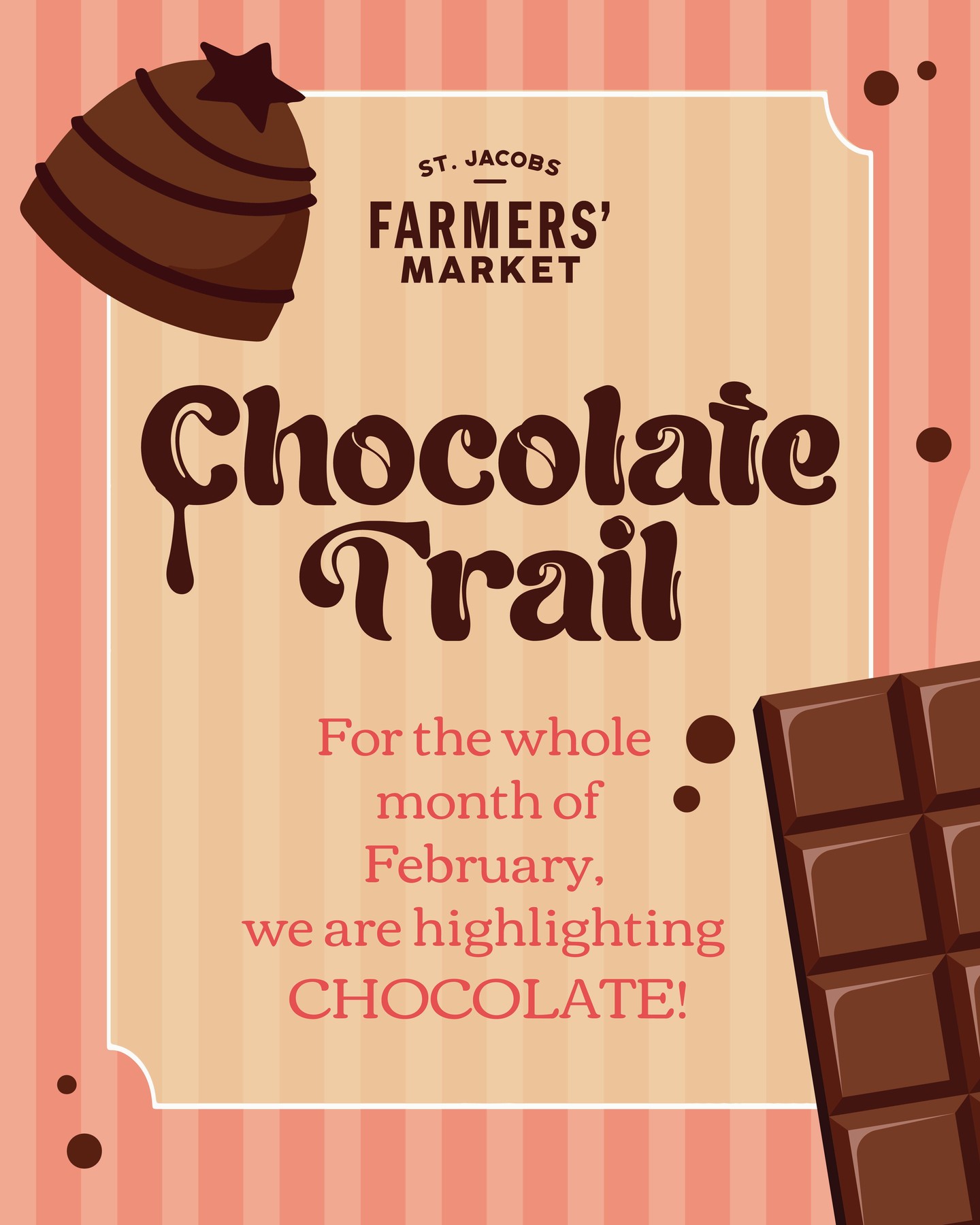 Indulge your sweet tooth on the Chocolate Trail this February! 🍫✨

Explore a market of decadence with our highlighted vendors, each offering divine chocolate treats that will melt your heart. Use our maps to find all the places that you can purchase chocolate treats at the market!

Join us on a journey of delightful flavours and celebrate the month of love with every scrumptious bite.

Market Hours
Thursday - 8:00am - 3:00pm
Saturday- 7:00am - 3:30pm